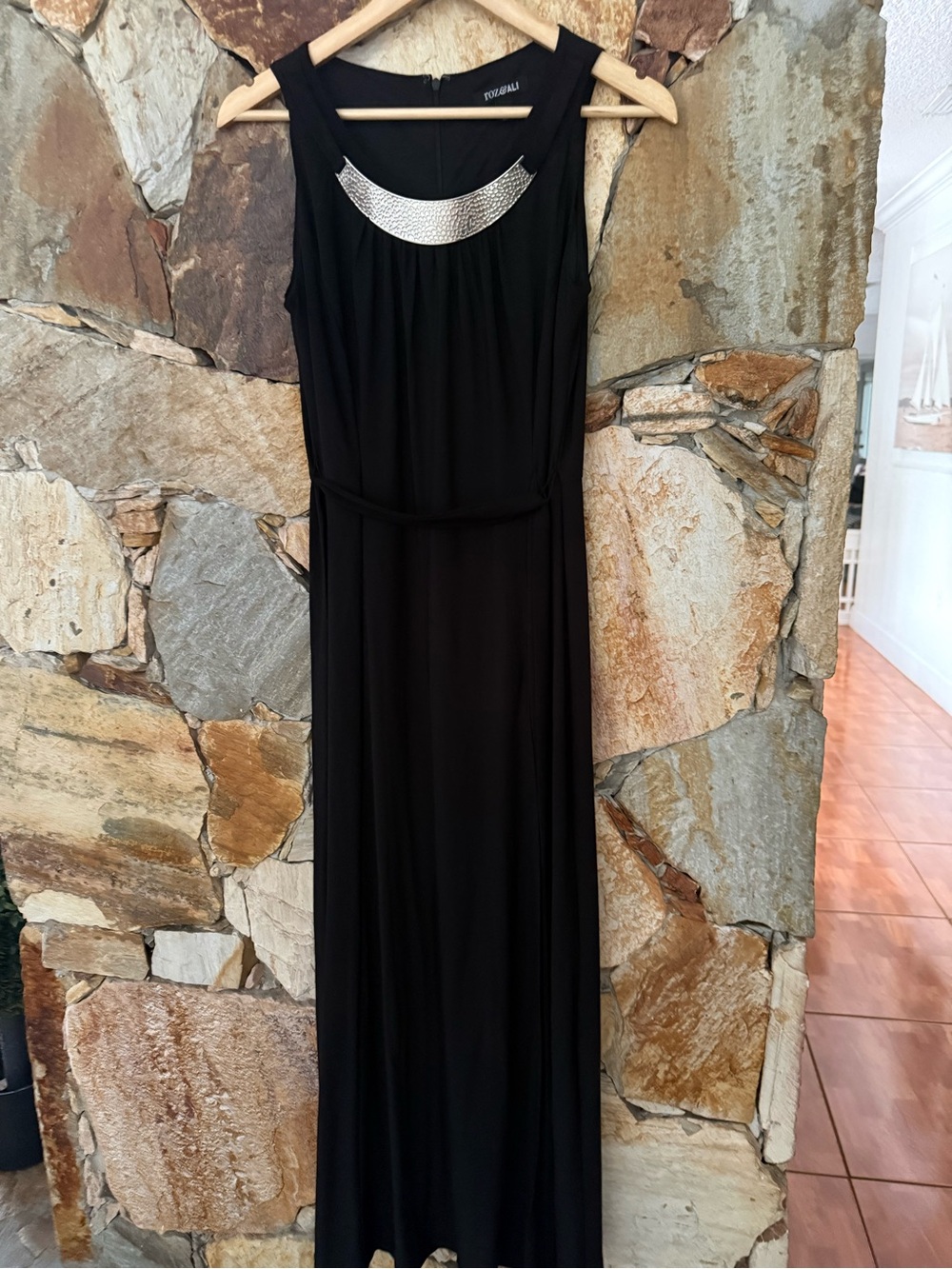 Roz & Ali Black Maxi Dress with Silver Neck Accent